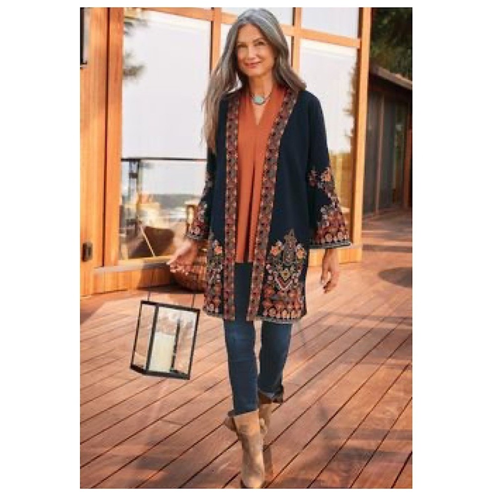 Soft Surroundings Cardigan Kimono Womens XL Black Embroidered Boho